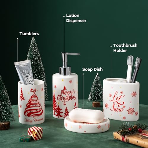 Christmas Bathroom Accessories Set, 4-Piece Ceramic Bathroom Accessory Set Include Lotion Dispenser, Toothbrush Holder Tumbler, and Soap Dish (White) - color: White