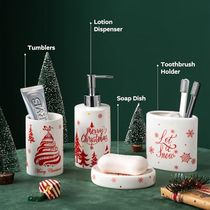 Christmas Bathroom Accessories Set, 4-Piece Ceramic Bathroom Accessory Set Include Lotion Dispenser, Toothbrush Holder Tumbler, and Soap Dish (White) - color: White