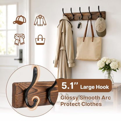POZEAN Wooden Coat Rack Wall Mount, 2 Pack Wall Mounted Coat Hangers with 5 Double Hooks, Space Saving Organizer for Entryway,Bathroom, Clothes, Jackets, Hats, Keys(‎Brown Plate & Black Hooks)