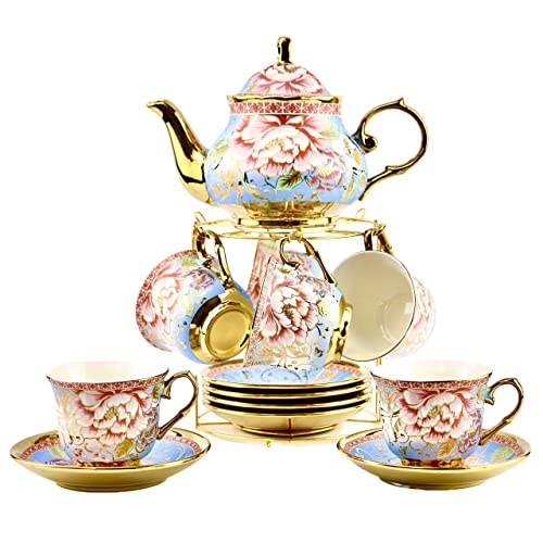 20 Pieces Porcelain Tea Set With Metal Holder, European Ceramic tea set for adults,Flower Tea Set,Tea Set For Women With Flower Painting(Large version, Light Blue)) - color: Light Blue