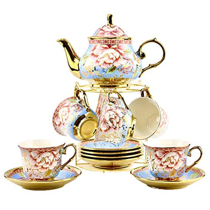 20 Pieces Porcelain Tea Set With Metal Holder, European Ceramic tea set for adults,Flower Tea Set,Tea Set For Women With Flower Painting(Large version, Light Blue)) - color: Light Blue