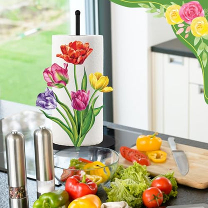 Flower Paper Towel Holder Countertop Tulip Kitchen Decor and Accessories Black Metal Farmhouse Large Tissue Stand Gifts for Women Mom Grandma, 3D Hand Painting Pattern, Weighted Base - style: Tulip