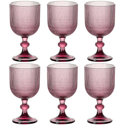 Taganov Purple Glasses Drinking Water Goblets set of 6 Colored Wine Glasses 13oz Pink Vintage Glassware for Wedding Party Bar Vertical Line Embossed Pattern Stemmed Cups 400ml - color: Purple