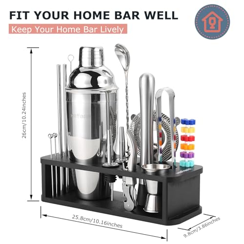HMYBAR® 22-Piece Cocktail Shaker Set, Mixology Bartender Kit with 24oz Cobbler Shaker, Home Bar Tool Set with Black Bamboo Stand, 39 Recipe Cards, Glass Markers, Gift for Men & Dad - color: Black