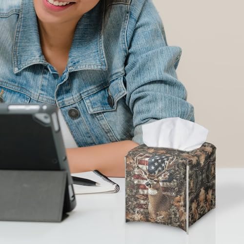 Deer Tissue Box Cover Forest Hunting Print Tissue Box Holder Waterproof PU Leather Holder for Facial Paper American Flag Facial Napkin Organizer Dispenser - color: Deer American Flag Leaf Camo