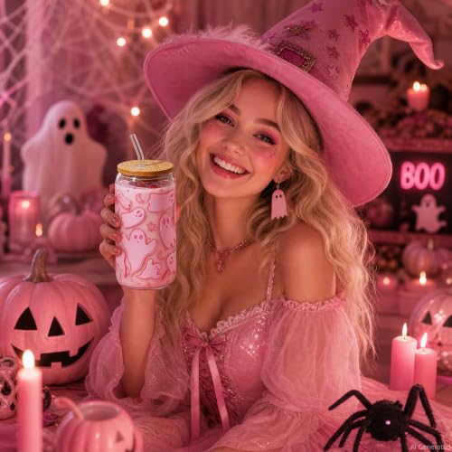 Halloween Ghost Gift for Women Pink Glass Cup with Lid and Straw | Fall Cute Ghost Iced Coffee Glass Tumbler Mug Goth Gifts for Halloween Party Girls Women Presents for Teens Stuff 16oz - style: Pink Ghost