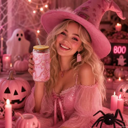 Halloween Ghost Gift for Women Pink Glass Cup with Lid and Straw | Fall Cute Ghost Iced Coffee Glass Tumbler Mug Goth Gifts for Halloween Party Girls Women Presents for Teens Stuff 16oz - style: Pink Ghost
