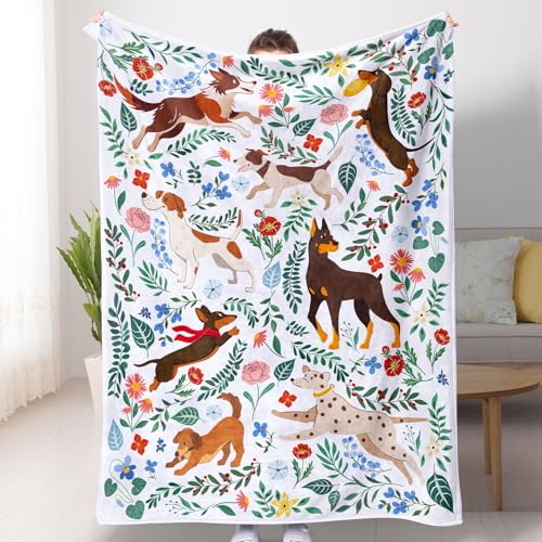 Dog Blanket Ultra Soft Floral Throw Blankets Gifts for Dog Lover Blanket Flower Leaves Flannel Fleece Throw Lightweight Warm Cozy Fuzzy Plus Cabin Blanket for Bed Sofa,60" X 80" - color: Brown Dogs, size: 60"×80"