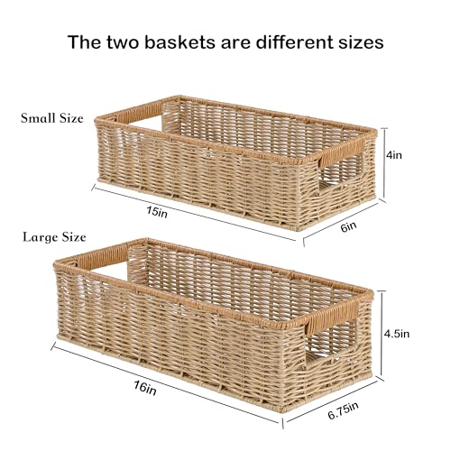Waterproof Rectangular Toilet Paper Baskets, 16 ¼"L x 6 ¾"W x 4 ½"H Nesting Plastic Wicker Basket, Woven Long Narrow Baskets for Pantry Bathroom Toilet Tank Top Countertop, 2 Pack