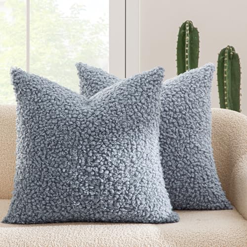 MIULEE Decorative Faux Fur Pillow Covers Sherpa 18x18 Dusty Blue | Set of 2 Fuzzy Accent Couch Throw Pillows, Soft Sheepskin Fleece Pillowcases, Home Decor Sofa Livingroom Bed - color: Dusty Blue, size: 18" x 18" (Pack of 2)