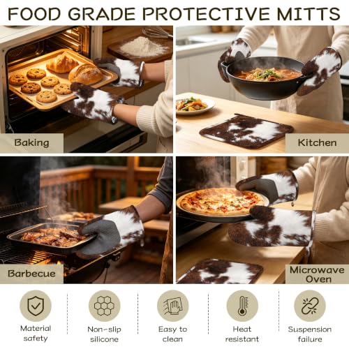 Cowhide Cow Print Oven Mitts and Pot Holders Sets of 4 PCS, Oven Gloves Potholder for Kitchen Cooking Baking BBQ Heat Resistant - color: Cowhide Cow Print