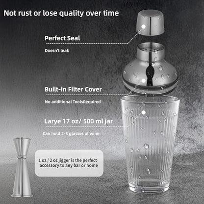 Silver Cocktail Shaker Set - Bartender Shaker Kit with Mixing Tools & Stainless Steel Strainer, Premium Bar Tool Set for Crafting Martinis & Whiskey Cocktails - color: Silver Set