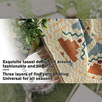 Flower Moon Mountain Throw Woven Blanket with Tassel for Home Decoration Chair Couch Sofa Bed Beach Travel Picnic Cloth Tapestry Shawl Cozy Cotton (Blue & Red 63×51 Inches)