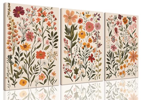 KISSFOX 3 Piece Boho Floral Canvas Wall Art For Bedroom Cottagecore Wild Flower Wall Art Colorful Nature Modern Botanical Art Prints For Nursery Living Room,12x16 in - color: Boho Floral, size: 12x16 In Canvas