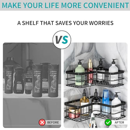Corner Shower Caddy, 4-Pack Adhesive Shower Shelves with Soap Holder No Drilling, Rustproof Bathroom Shower Organizer Storage, Black