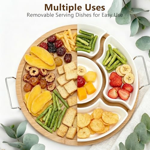 Ceramic Divided Serving Dishes with Bamboo Tray, 11.2 Inch | 360 Rotatable, Appetizer Serving Dish, For Chips & Dip