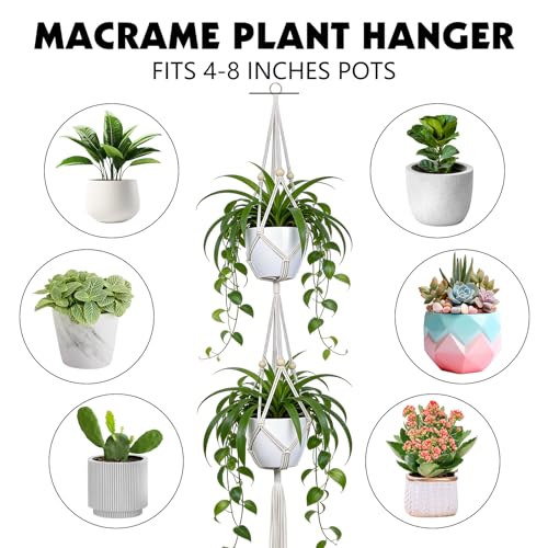 Macrame Plant Hangers 2 Pack, 50 in, Indoor Outdoor, Beige | Natural Cotton Rope, Double-Tier Design, Includes Hooks, Fits Living Room, Balcony, Kitchen, Office