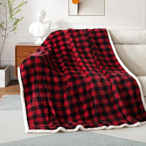 BEAUTEX Christmas Sherpa Fleece Throw Blanket Soft Warm Buffalo Plaid | Plush Blanket & Throw, Winter Cozy Fuzzy for Couch, Sofa, Bed (Red, 50" x 60") - color: Plaid Red, size: Throw-50"x60"