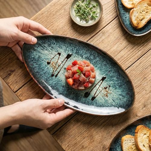 Ceramic Dinner Plates Set of 4, for Bread, Pasta, Salad, sushi - Microwave, Oven and Dishwasher Safe, Scratch Resistant durable Black reactive glaze - color: Black reactive glaze, size: 13.3 inch