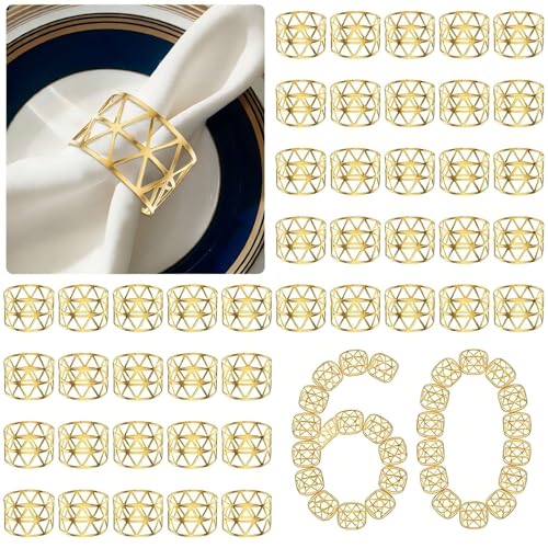 60 Pcs Gold Napkin Rings Bulk, Metal Napkin Holder Buckles, Exquisite Hollow Out Napkin Ring for Dinner Table Decoration Christmas Holiday Wedding Birthday Party Gathering