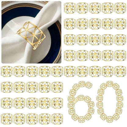60 Pcs Gold Napkin Rings Bulk, Metal Napkin Holder Buckles, Exquisite Hollow Out Napkin Ring for Dinner Table Decoration Christmas Holiday Wedding Birthday Party Gathering