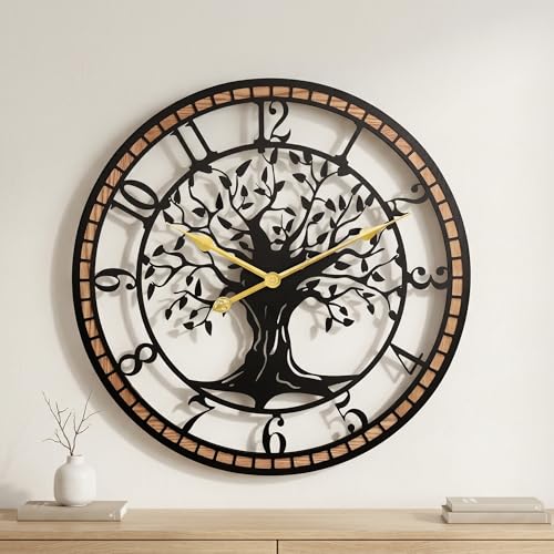 20" Tree of Life Wood and Metal Wall Clock, Rustic Decor | Accent, approx. 3.6 lb, silent movement, hardware included, 1 AA battery not included; fits entryways or kitchens - color: Black Arab, size: 20 Inch