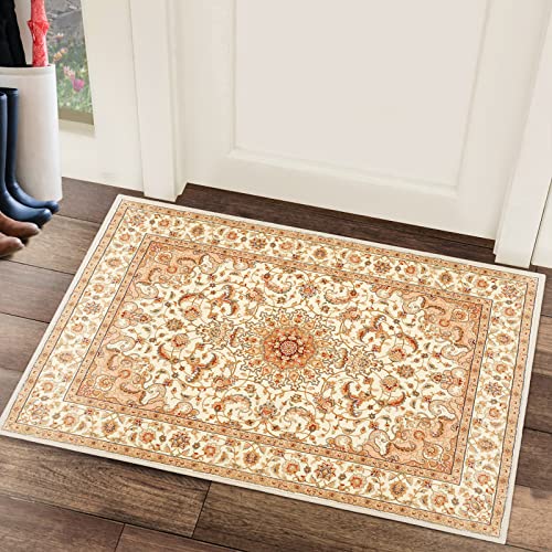 COMSLE Boho Area Rug, 2 x 3 Ft Machine Washable Rugs for Entryway Faux Wool Small Rugs Distressed Throw Rug Non-Slip Floor Carpet for Indoor Bedroom Kitchen Living Room - color: Cream/Beige-2, size: 2' x 3' (Rectangular)
