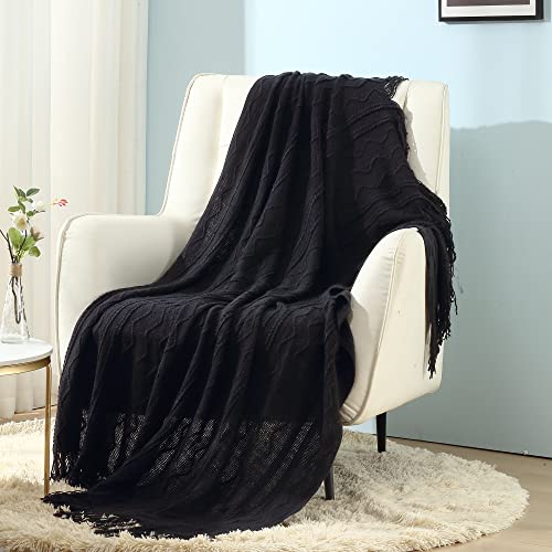 CREVENT Knitted Decorative Throw Blanket for Couch Sofa Chair Bed，Soft Warm Cozy Light Weight for Spring Summer (50''X60'' Black) - color: Black