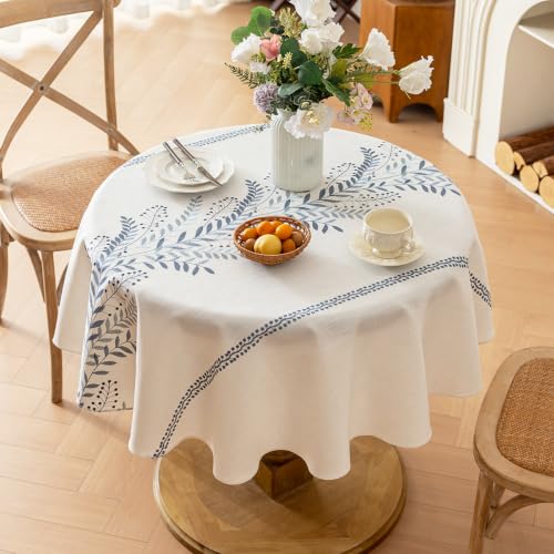 Linen Style Embroidered Table Cloth 55"x55" Round Blue | Waterproof and Wrinkle-Resistant Table Cover, Farmhouse Floral Round Tablecloth for Indoor Dining Room and Outdoor Parties - color: Blue, size: 55" (Round)