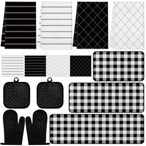 SmoothNovelty 15 Pcs Farmhouse Kitchen Decor and Accessories Set 4 Kitchen Towels 2 Pot Holders 2 Oven Mitts 3 Rugs 4 Dishcloths Absorbent Set Heat Resistant Pot Pads for Cooking Baking(Black White) - color: Black White