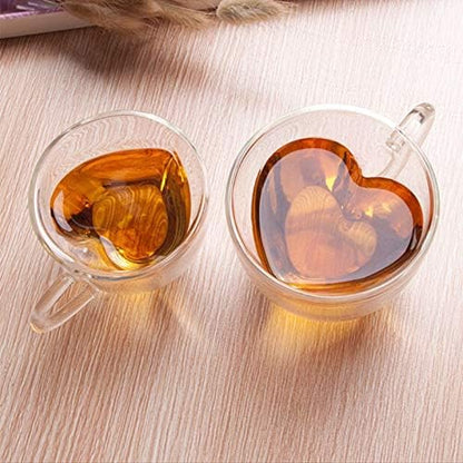 2 Pack Heart Shaped Double Walled Insulated Glass Coffee Mugs or Tea Cups，Beautiful Heart Shape, Thermo Insulated Premium Quality Borosilicate Glass, Set of 2 (8.5 oz, 240 ml)