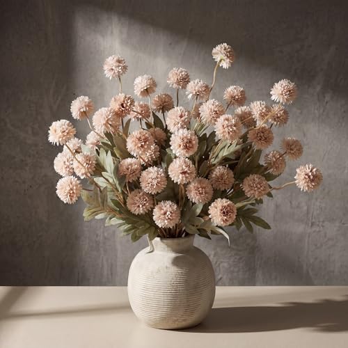 CEWOR 10 Pcs Faux Silk Pompon Mum Artificial Flowers for Vase, Bulk Fake Chrysanth Branches with Stems for DIY Bouquet Centerpieces Decor Wedding Floral Arrangements (Beige) - color: 10pcs Beige