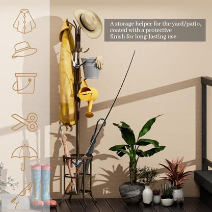 Coat Rack Freestanding With Umbrella Holder – Metal Hall Tree with 12 Hooks, Entryway Organizer for Hats, Bags, and Clothes (Brown) - color: Brown