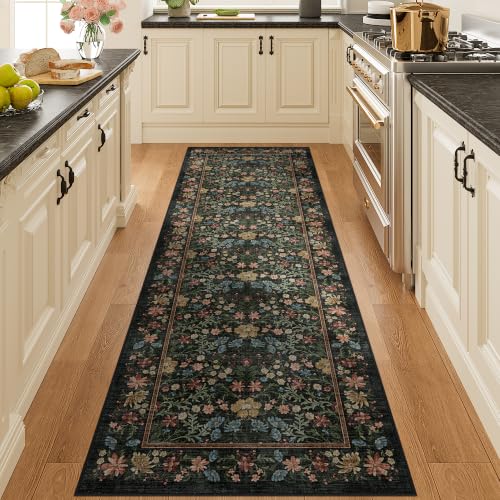 DUKINO 2x6 Runner Rug, Washable Vintage Floral Kitchen Rug, Black | Non Slip, Low Pile, Stain Resistant Boho Soft Throw Carpet Runner for Hallway Bathroom Laundry Bedroom Entryway, Non-Shedding - color: Black, size: 2' x 6' (Rectangular)