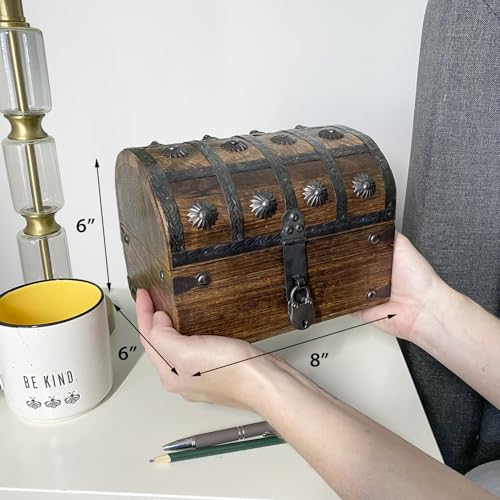 Keepsake Wooden Treasure Chest with Antique Jewelry Lock and Key (Large 8 x 6 x 6), SH23353-L - size: Large 8 x 6 x 6"