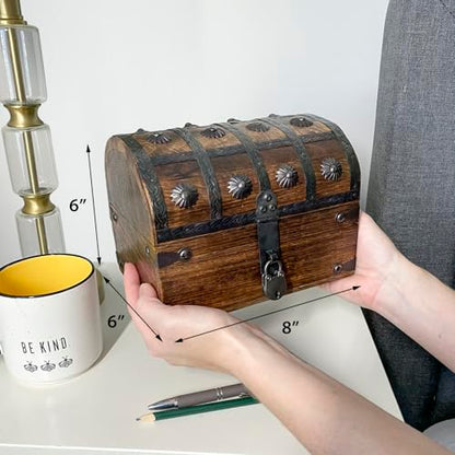 Keepsake Wooden Treasure Chest with Antique Jewelry Lock and Key (Large 8 x 6 x 6), SH23353-L - size: Large 8 x 6 x 6"