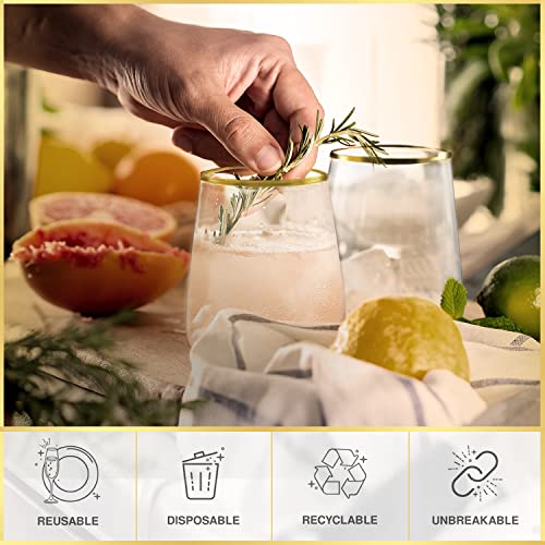 32 Pack Stemless Plastic Wine Glasses Disposable 12 Oz Gold Rim - Shatterproof Recyclable and BPA-Free, Stylish Drinkware for all Beverages, Cocktail Parties, Wedding Reception - color: Clear / with Gold Rim