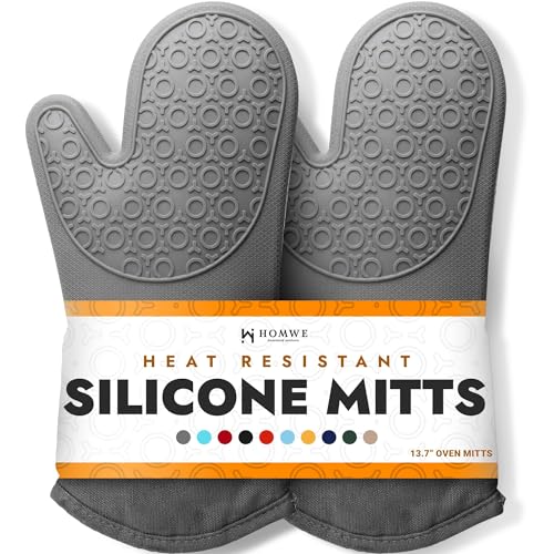 BPA-Free Soft Silicone Oven Mitts - Ultra Heat Resistant Oven Mitts with Thick Cotton Liner - Long Slip Resistant Pot Holders, Flexible Oven Gloves - Gray 13.7" - color: Gray, size: 2-Piece 13.7" Oven Mitts