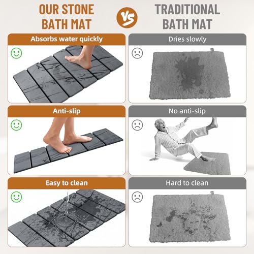 Luxspire Stone Bath Mat, Stone Shower mat Foldable 24x16, Marble Gray | Quick & fast drying diatomaceous earth, Non-slip rubber base, Easy-clean surface for bathroom floor & outside shower - color: E-marble Gray