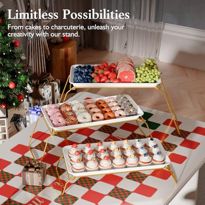 Bumusty Large 3-Tier Melamine Serving Tray Set, 17 x 8.7 in, Gold Stand | Melamine Reusable Platters with Metal Display Stand for Cupcakes, Desserts, Fruit, Cookies, Parties, Birthdays and Holidays - color: Gold, size: 17" x 8.7"