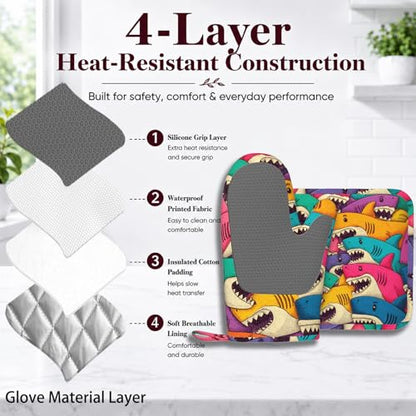 Cartoon Shark Oven Mitts and Pot Holders Sets Non-Slip Silicone Surface for BBQ Gloves,Kitchen,Cooking,Baking,Grilling - color: Cartoon Shark