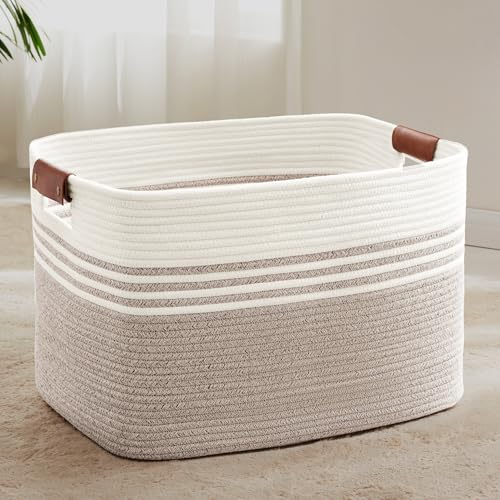 86L Large Woven Laundry Basket Hamper with Leather Handles,Brown | collapsible wicker hamper, storage for dirty clothes, toys, blankets, gifts, living room, bedroom, bathroom, 24"x16"x14" - color: Brown, size: 86L