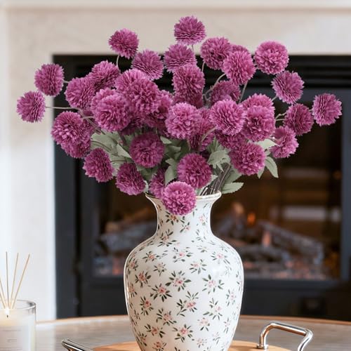 INQCMY Artificial Silk Mums 20" Faux Stem Kiku Flowers for Vase Home Decor | 12 Pcs Fake Chrysanthemums Purple Fall Flower, Realistic Pompon Balls Bouquets for Living Room Wedding Centerpieces Indoor - color: Deep Purple