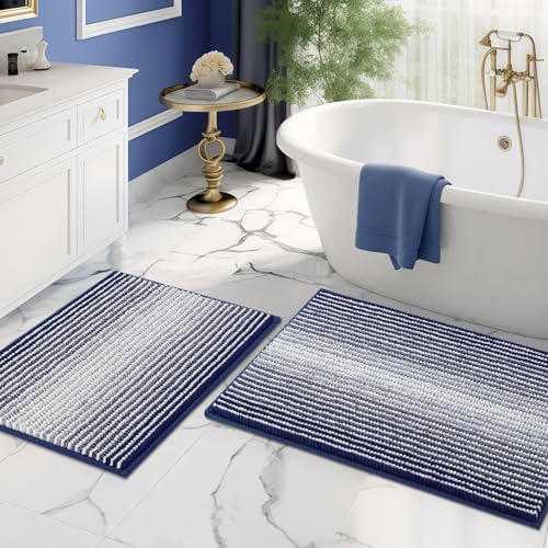 Bathroom Rugs Sets 2 Piece, Non Slip Striped Bath Mats, Navy | 20"x32" Plus 16"x24", Soft Absorbent Chenille, Quick Dry Machine Washable, Shower Rug for Bathroom Floor, Tub, Bedroom Decor - color: Navy, size: 20" x 32" Plus 16" x 24"