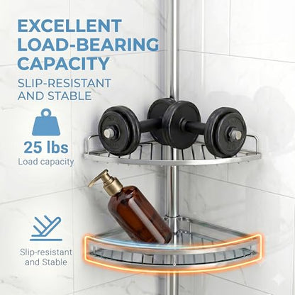 Corner Shower Caddy Tension Pole, 4-Tier SS Bathroom Storage Rack | shower pole caddy corner, 4-Tier Stainless Steel Bathroom Storage Rack, No-Drill Adjustable Shower Shelves for RV doom studio