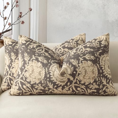 Vintage Floral Print Throw Pillow Covers 12x20 Set of 2 Neutral Modern Farmhouse Pillow Cases Accent Decorative Cushion Covers Boho Home Decor for Couch Sofa Chair Bed Living Room, Rustic Gray - color: Rustic Gray, size: 20" x 12" (Pack of 2)