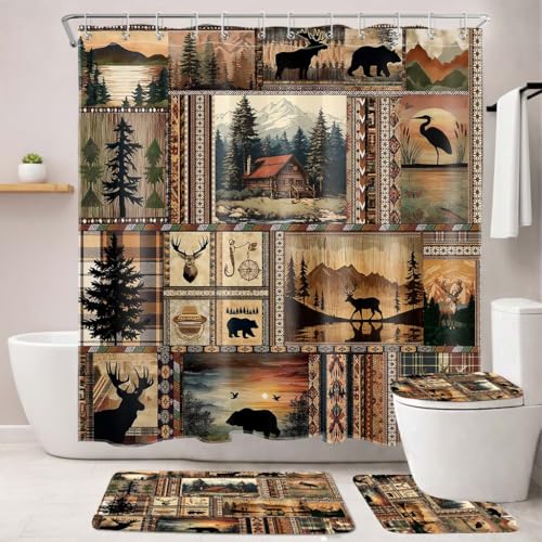 MASLEK 4 Piece Rustic Cabin Shower Curtain Set, Bear Deer Patchwork Decor | 72W x 72L Inches with bath mat, contour rug, toilet lid cover and 12 hooks for a coordinated rustic cabin bathroom. - color: Brown