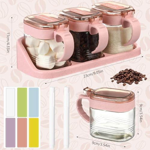 3 Pcs Sugar Coffee Container Set 16 oz Glass Condiment Jar Spice Container Coffee Station Organizer Set with Label Stickers Scoop for Bean and Sugar Candy, Oats, Nuts(Pink) - color: Pink