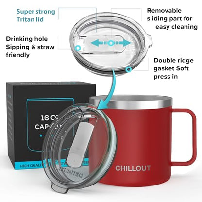 CHILLOUT LIFE Stainless Steel 16 oz Vacuum Insulated Coffee Mug with Handle and Lid, Large Thermal Camping Coffee Mug Cup with Durable Sliding Lid for Men & Women, Keeps your Beverages Hot & Cold - color: Cherry Red, size: 16 Ounces