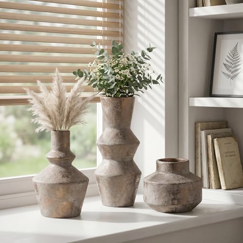 DREAMLOOM Modern Modern Ceramic Vase Set of 3, Classic | Funnel Shaped, Farmhouse Rustic, Pampas Grass, Home Decor, Living Room Bedroom Kitchen Shelf Centerpiece - color: Antique Bronze - Funnel-shaped